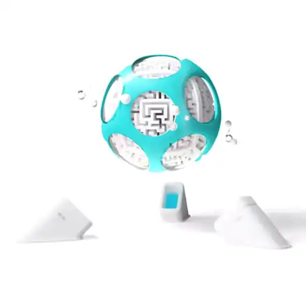 The PlayArea OS orbit, a teal shell with white satellites, turning